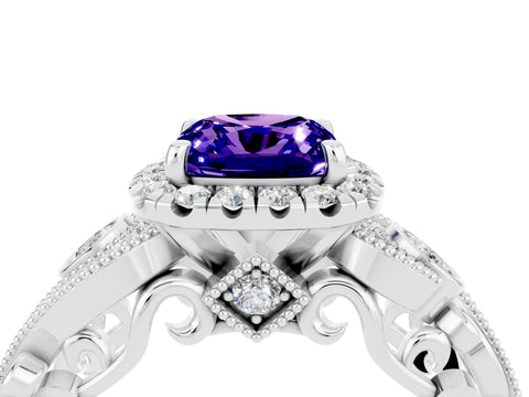 White gold Cushion Cut Tanzanite Halo Ring with Milgrain Pavé Band and Four-Prong Setting_16