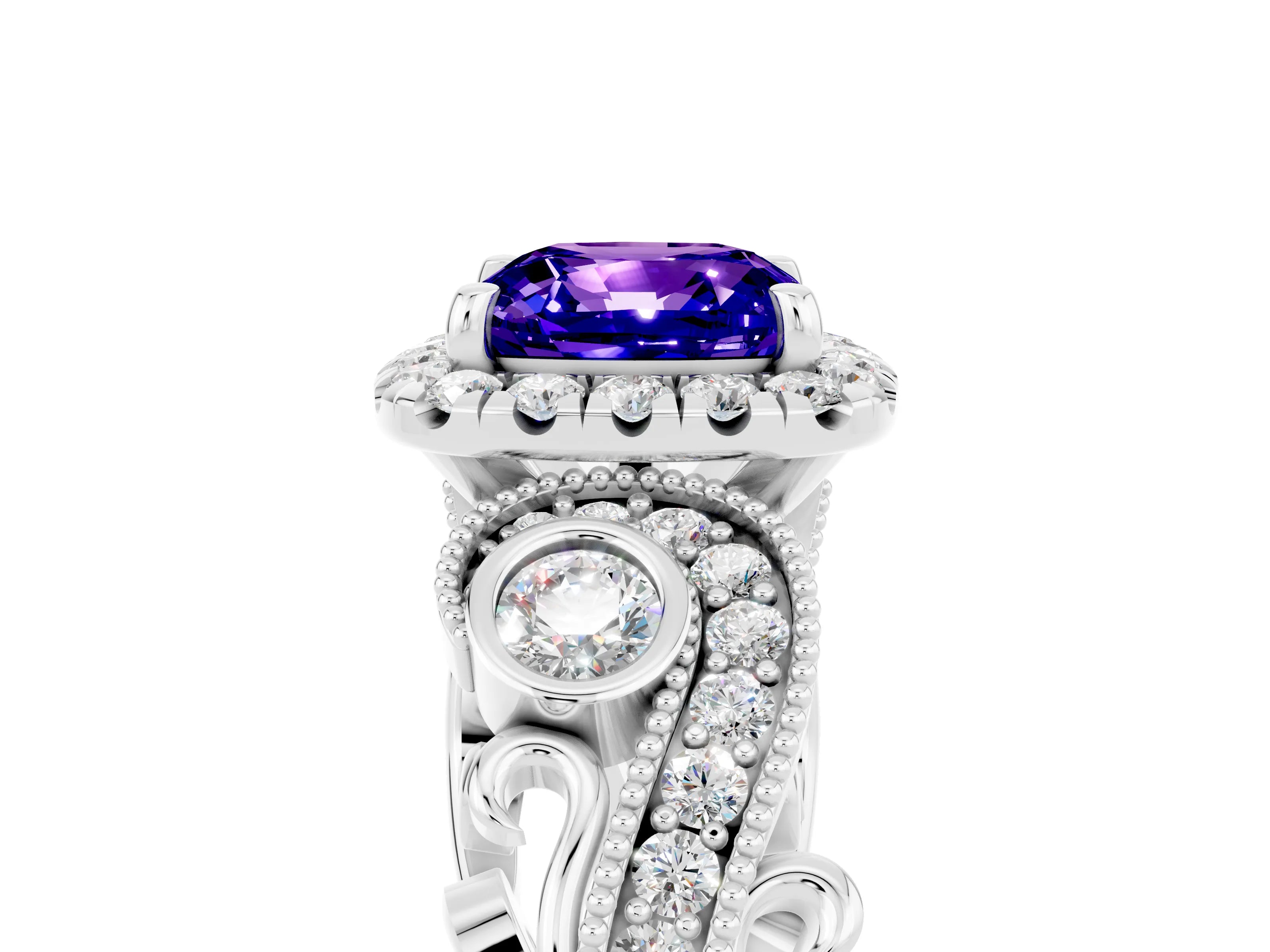 White gold Cushion Cut Tanzanite Halo Ring with Milgrain Pavé Band and Four-Prong Setting_17