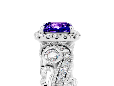 White gold Cushion Cut Tanzanite Halo Ring with Milgrain Pavé Band and Four-Prong Setting_17