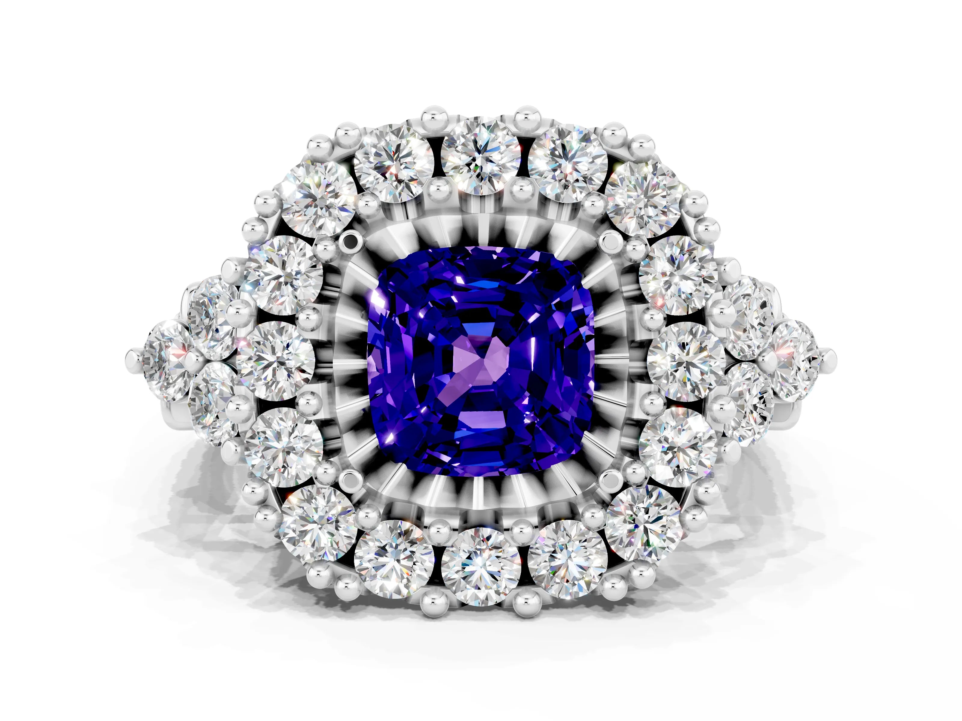 White gold Cushion Cut Tanzanite Halo Ring with Pavé Band and Four-Prong Setting_12