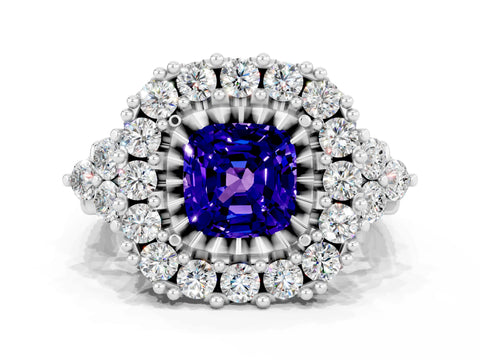 White gold Cushion Cut Tanzanite Halo Ring with Pavé Band and Four-Prong Setting_12