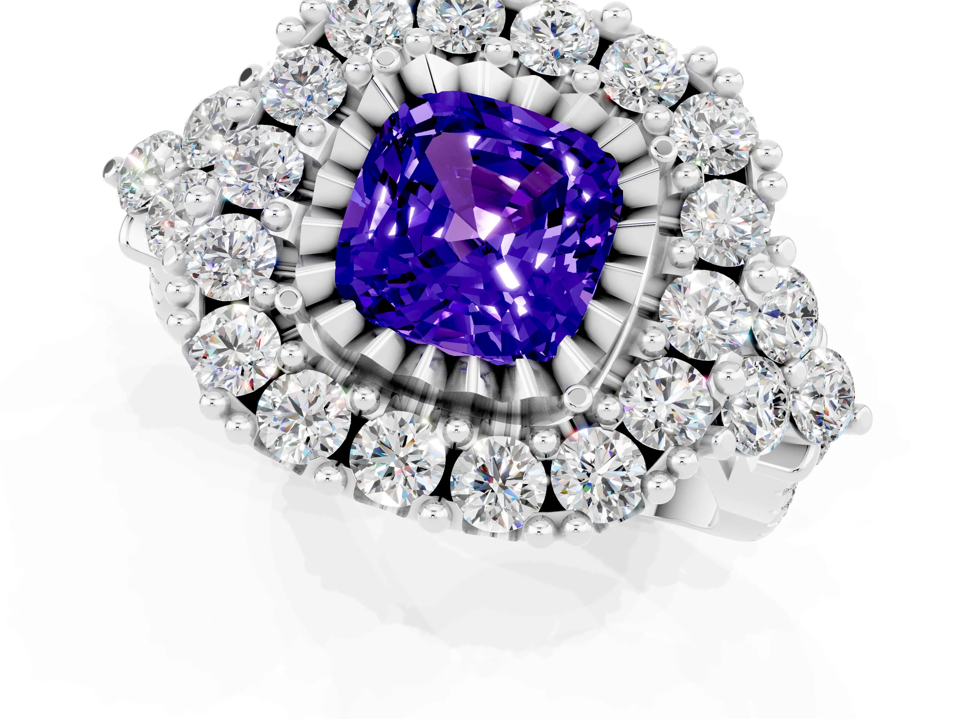 White gold Cushion Cut Tanzanite Halo Ring with Pavé Band and Four-Prong Setting_13