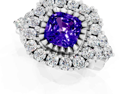 White gold Cushion Cut Tanzanite Halo Ring with Pavé Band and Four-Prong Setting_13
