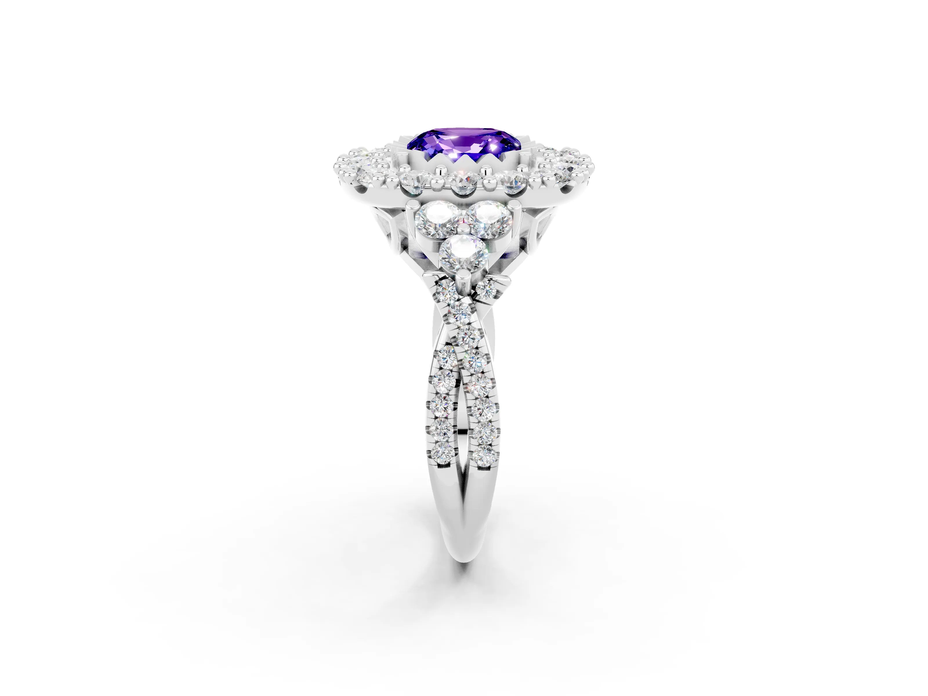 White gold Cushion Cut Tanzanite Halo Ring with Pavé Band and Four-Prong Setting_14