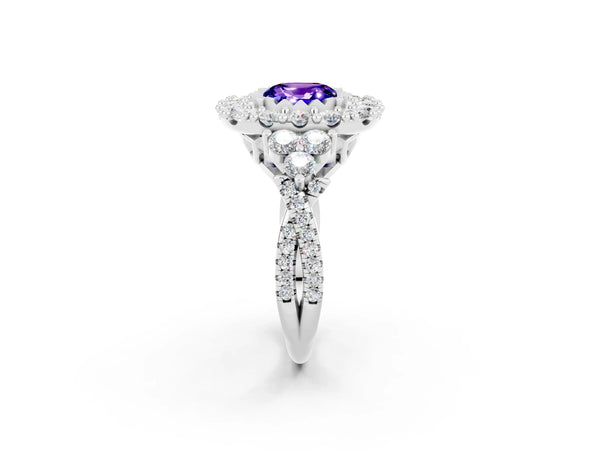 White gold Cushion Cut Tanzanite Halo Ring with Pavé Band and Four-Prong Setting