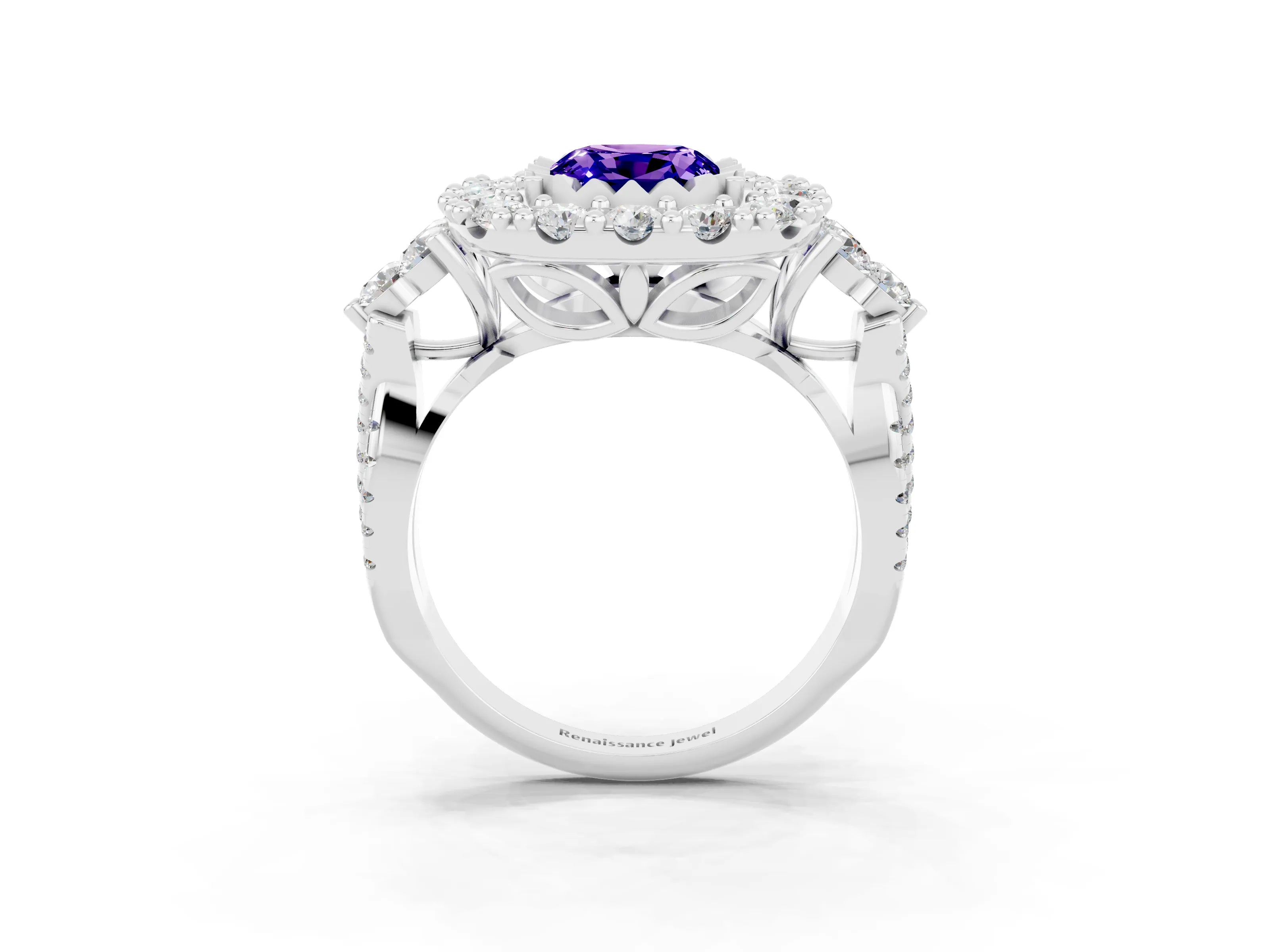 White gold Cushion Cut Tanzanite Halo Ring with Pavé Band and Four-Prong Setting_15