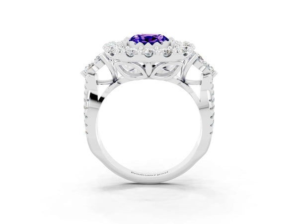 White gold Cushion Cut Tanzanite Halo Ring with Pavé Band and Four-Prong Setting