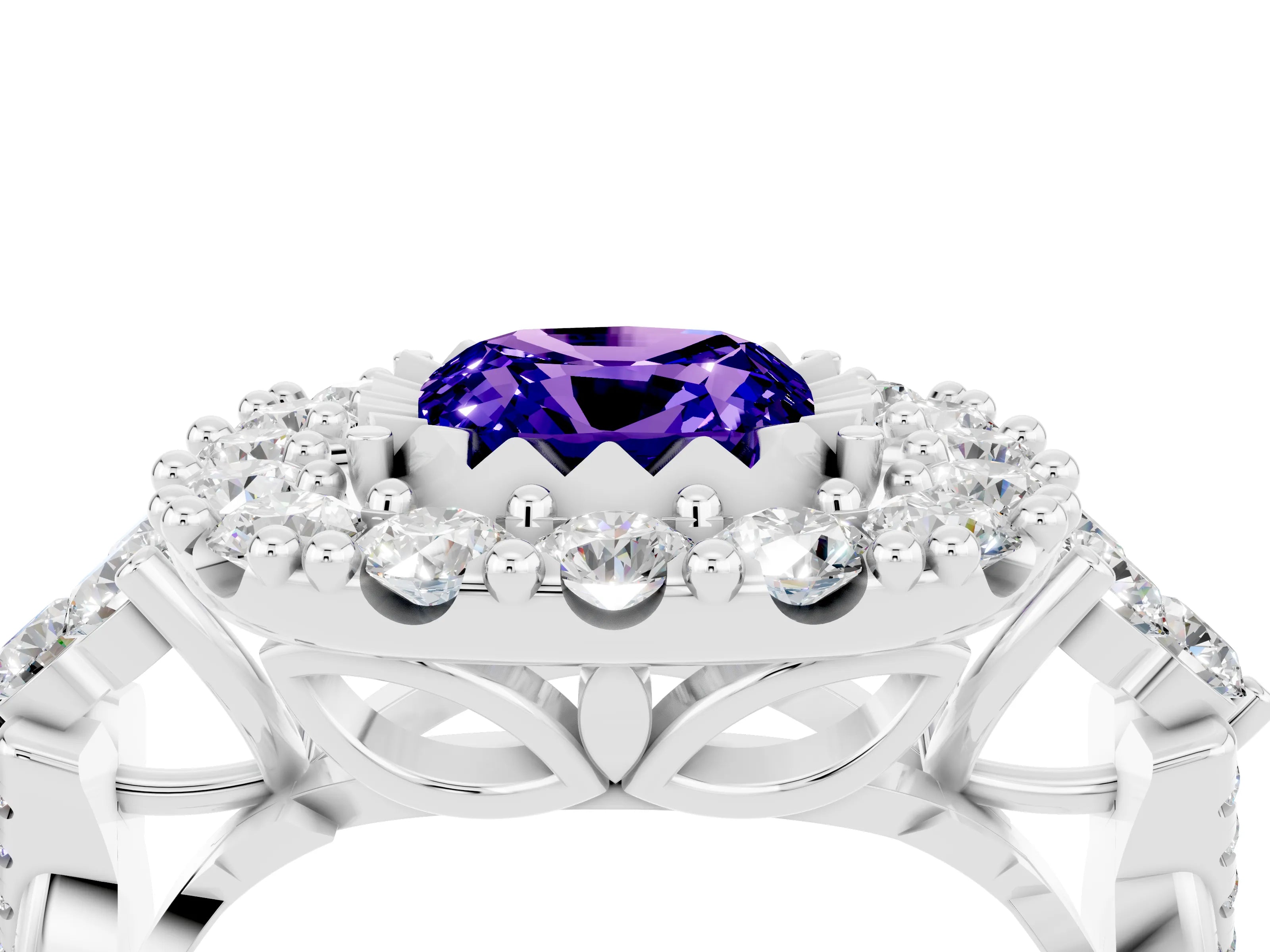 White gold Cushion Cut Tanzanite Halo Ring with Pavé Band and Four-Prong Setting_16