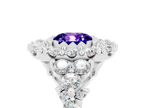 White gold Cushion Cut Tanzanite Halo Ring with Pavé Band and Four-Prong Setting_17