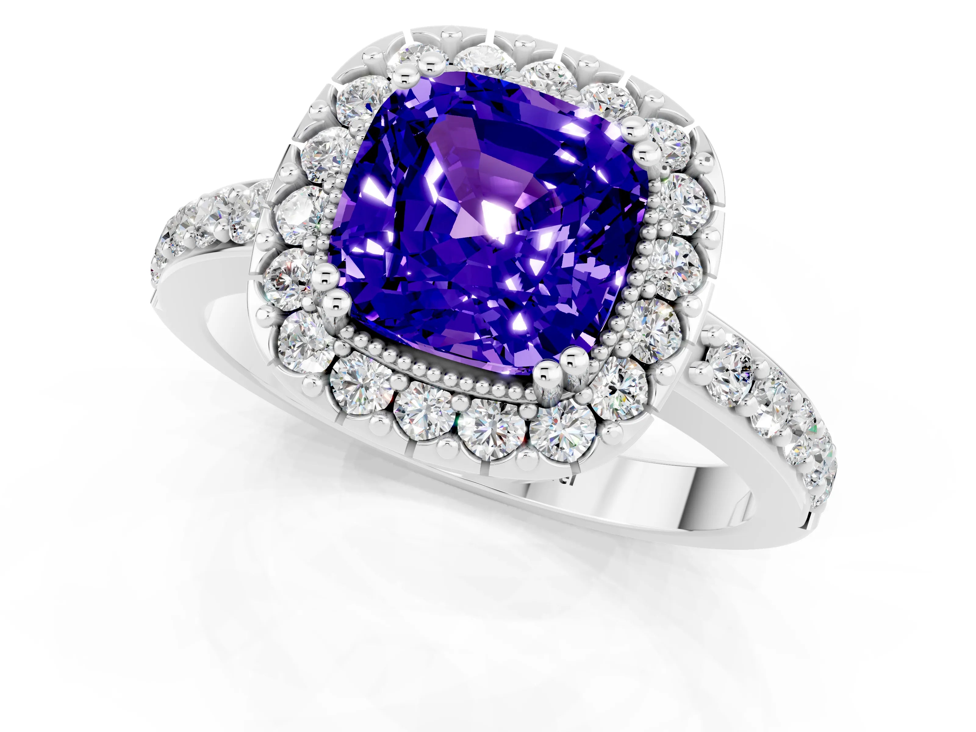 White gold Cushion Cut Tanzanite Halo Ring with Pavé Band and Prong Setting_1