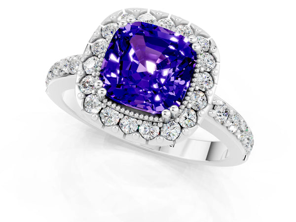 Silver Cushion Cut Tanzanite Halo Ring with Pavé Band and Prong Setting