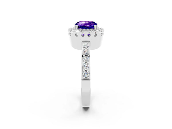 Silver Cushion Cut Tanzanite Halo Ring with Pavé Band and Prong Setting