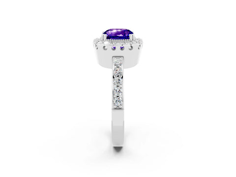 White gold Cushion Cut Tanzanite Halo Ring with Pavé Band and Prong Setting_2