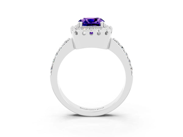 Silver Cushion Cut Tanzanite Halo Ring with Pavé Band and Prong Setting