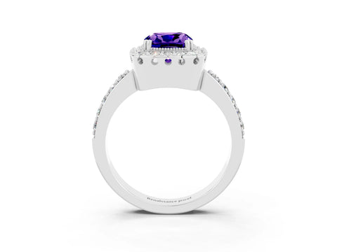 White gold Cushion Cut Tanzanite Halo Ring with Pavé Band and Prong Setting_3