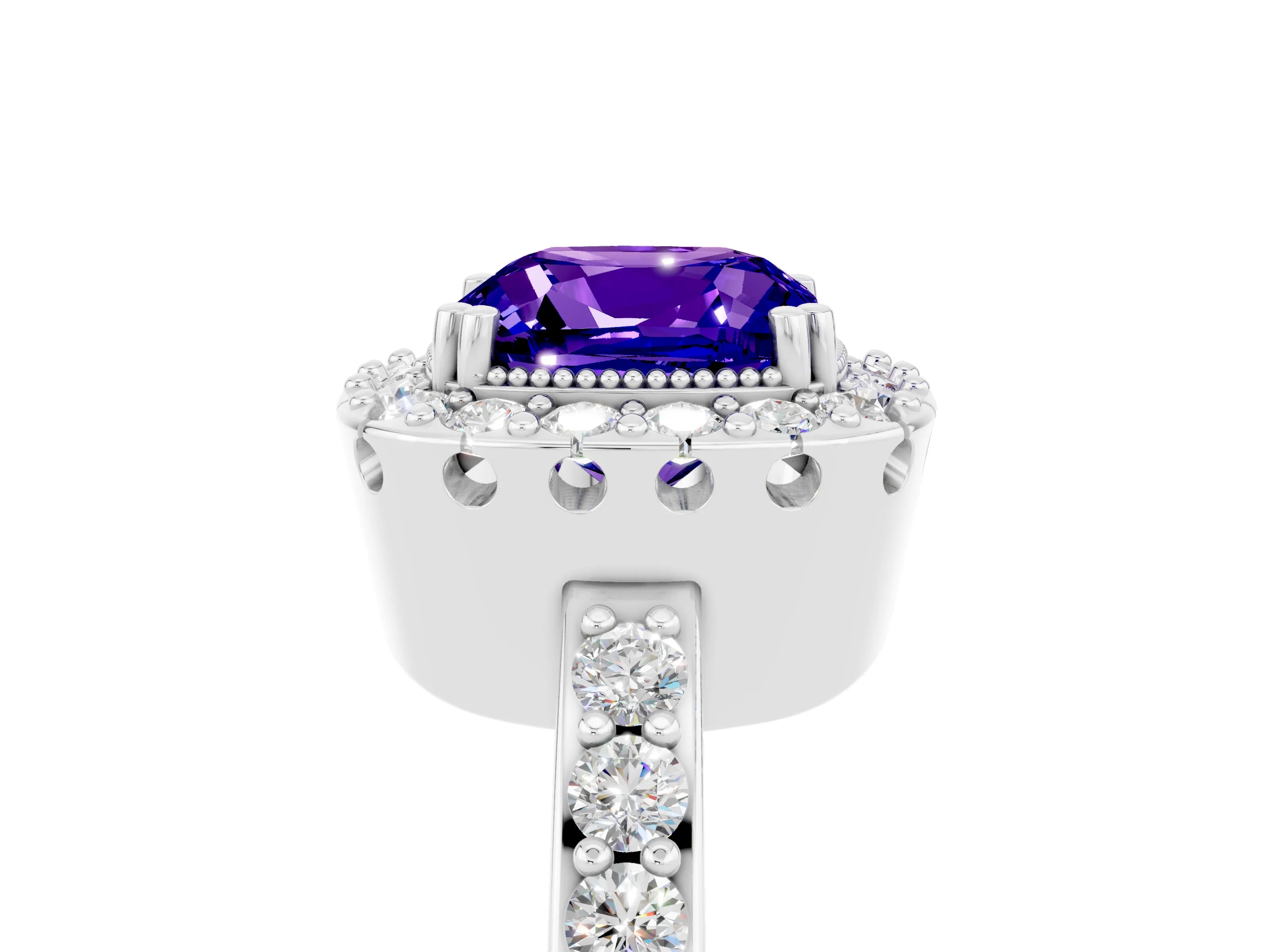 White gold Cushion Cut Tanzanite Halo Ring with Pavé Band and Prong Setting_5