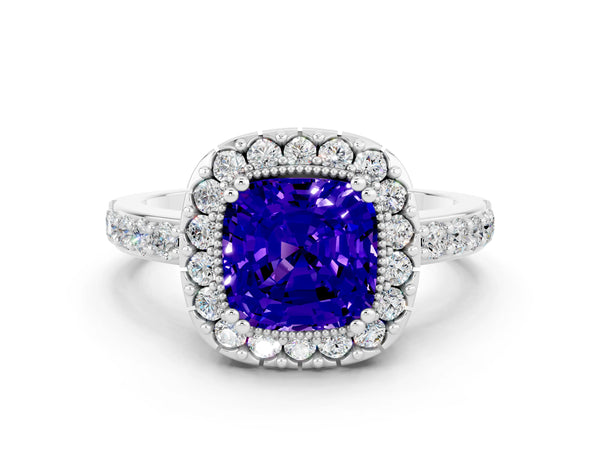 White gold Cushion Cut Tanzanite Halo Ring with Pavé Band and Prong Setting