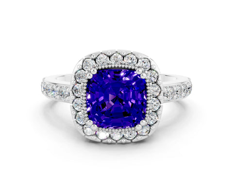 White gold Cushion Cut Tanzanite Halo Ring with Pavé Band and Prong Setting