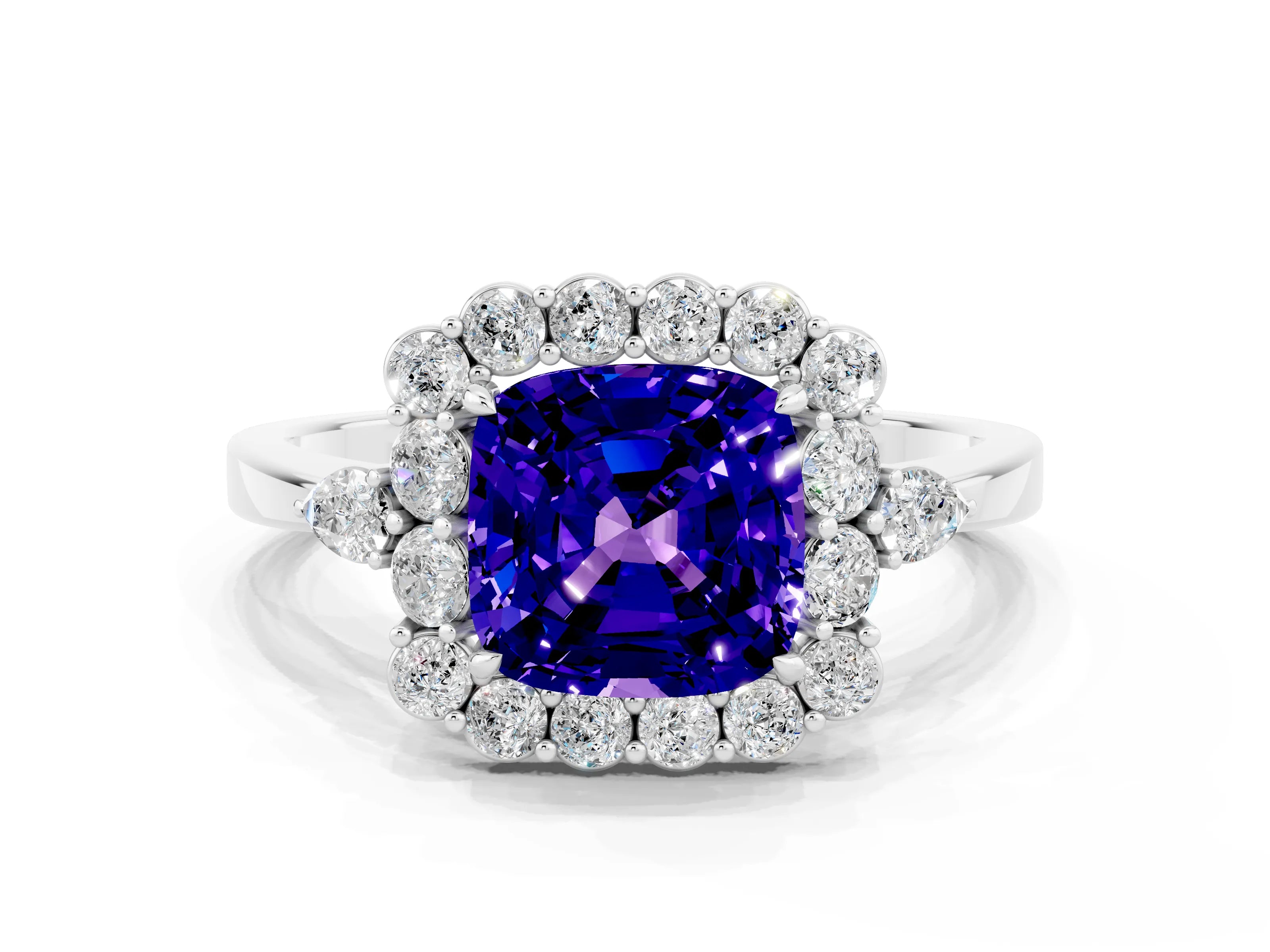 White gold Cushion Cut Tanzanite Halo Ring with Pear Side Stones and Prong Setting_24