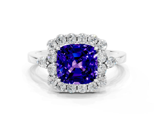 Silver Cushion Cut Tanzanite Halo Ring with Pear Side Stones and Prong Setting