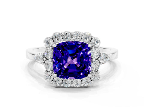 White gold Cushion Cut Tanzanite Halo Ring with Pear Side Stones and Prong Setting_24