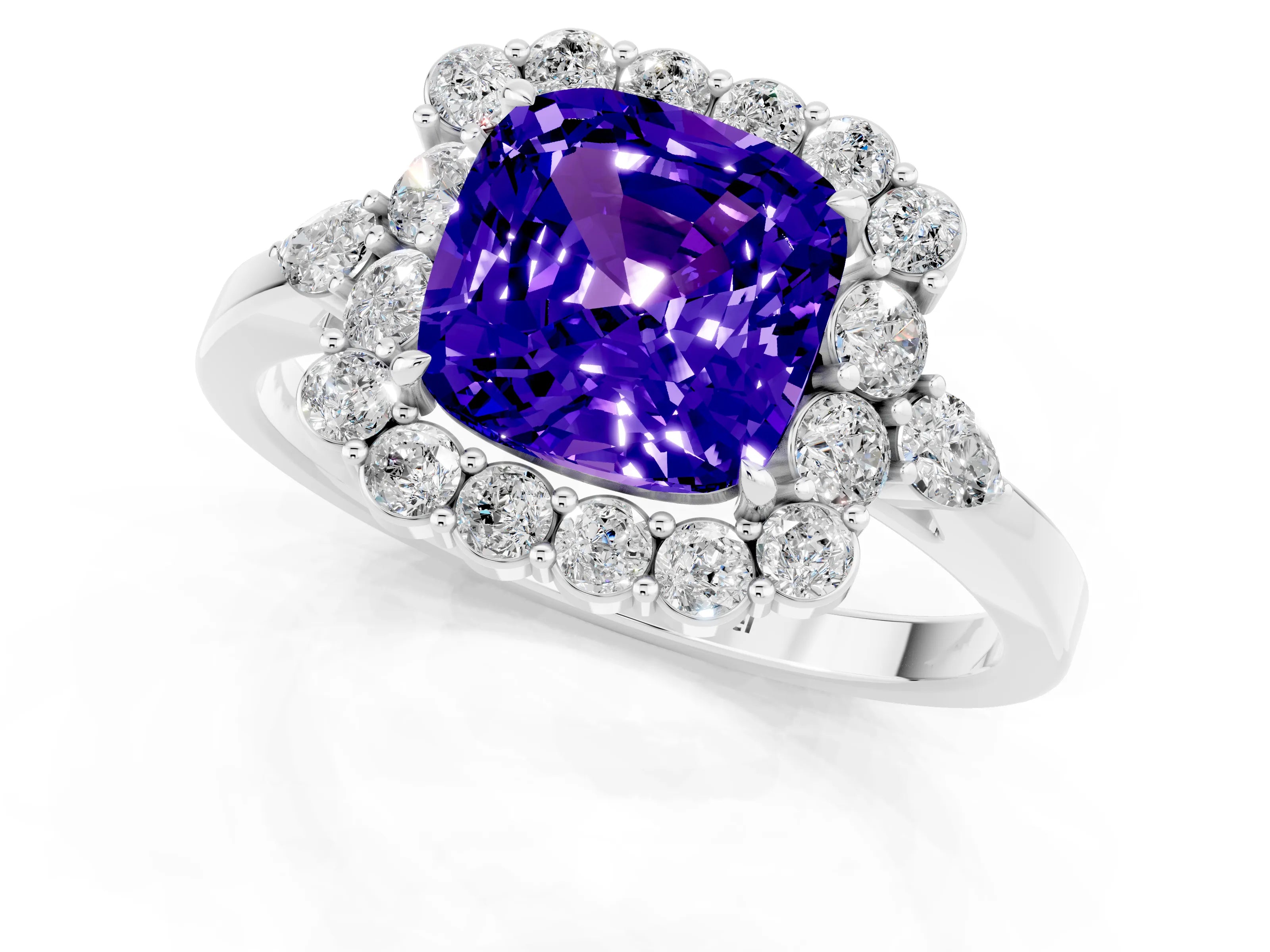White gold Cushion Cut Tanzanite Halo Ring with Pear Side Stones and Prong Setting_25