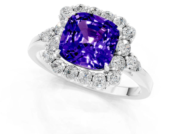 Platinum Cushion Cut Tanzanite Halo Ring with Pear Side Stones and Prong Setting