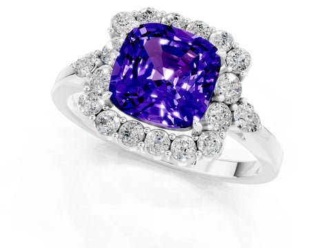 White gold Cushion Cut Tanzanite Halo Ring with Pear Side Stones and Prong Setting_25