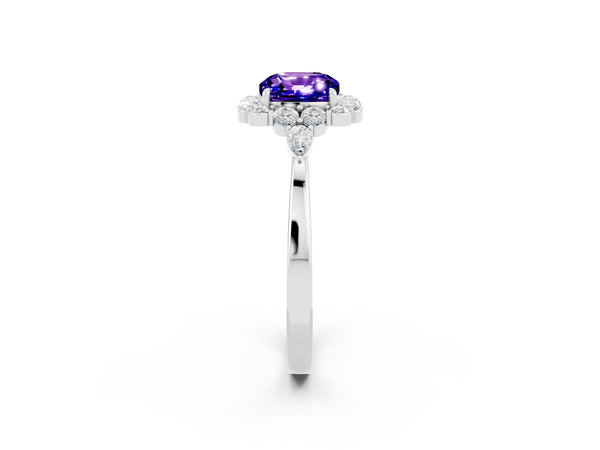 Platinum Cushion Cut Tanzanite Halo Ring with Pear Side Stones and Prong Setting