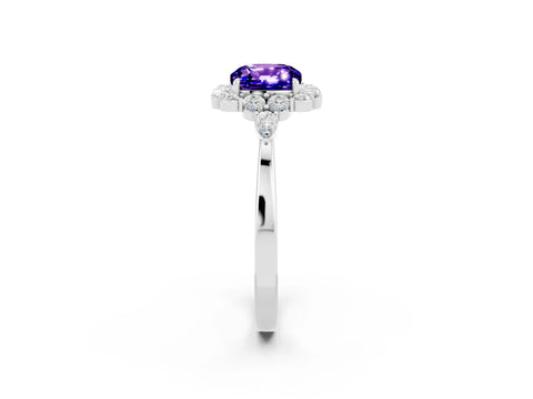 White gold Cushion Cut Tanzanite Halo Ring with Pear Side Stones and Prong Setting_26