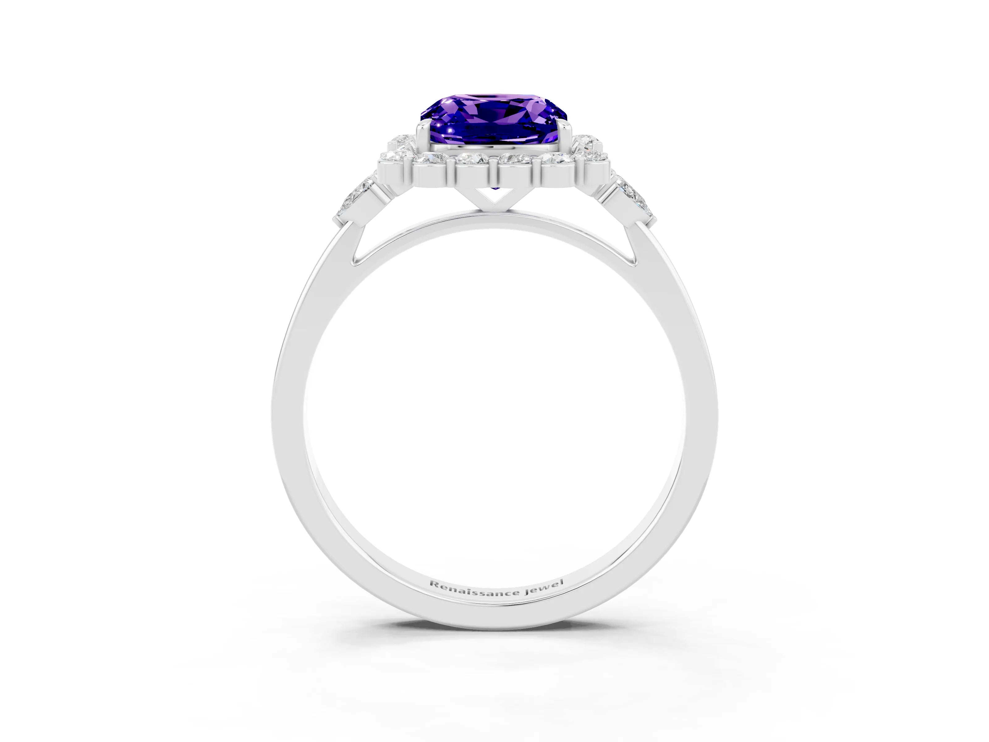 White gold Cushion Cut Tanzanite Halo Ring with Pear Side Stones and Prong Setting_27