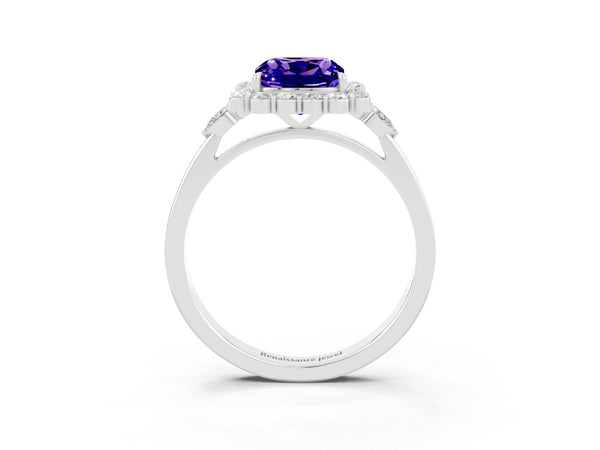 Silver Cushion Cut Tanzanite Halo Ring with Pear Side Stones and Prong Setting