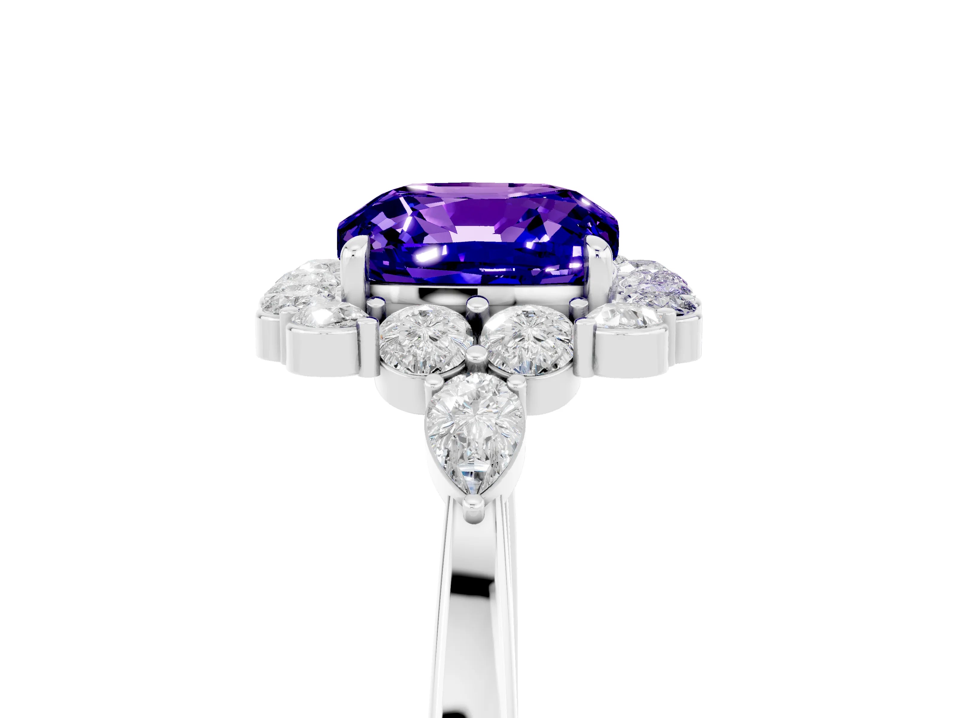 White gold Cushion Cut Tanzanite Halo Ring with Pear Side Stones and Prong Setting_29
