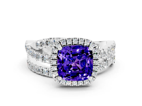 Platinum Cushion Cut Tanzanite Halo Ring with Round Split Shank and Prong Setting