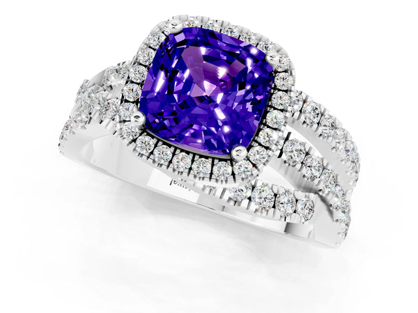 Platinum Cushion Cut Tanzanite Halo Ring with Round Split Shank and Prong Setting