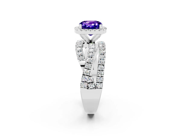 Platinum Cushion Cut Tanzanite Halo Ring with Round Split Shank and Prong Setting