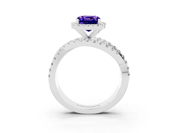 Platinum Cushion Cut Tanzanite Halo Ring with Round Split Shank and Prong Setting