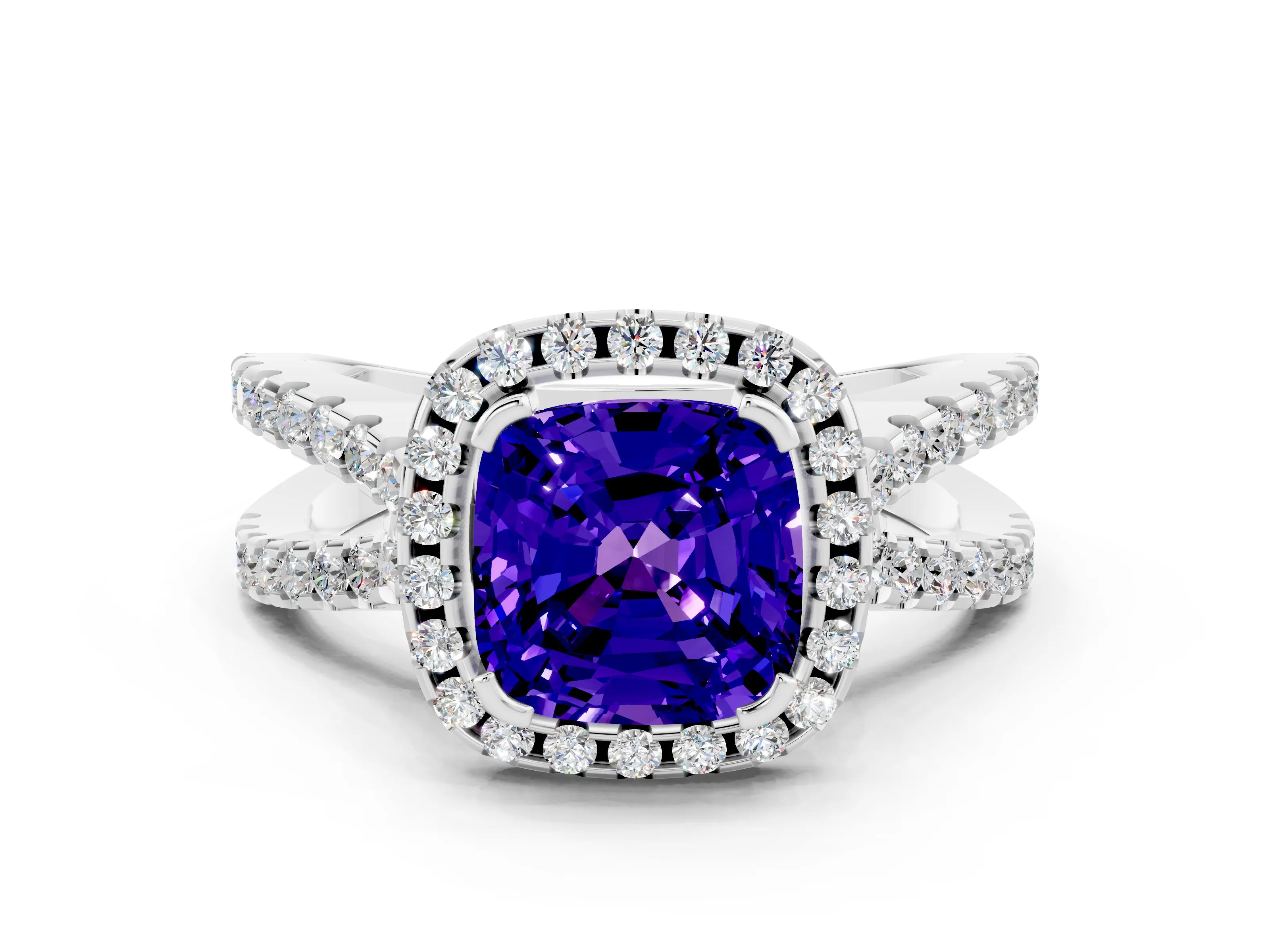 White gold Cushion Cut Tanzanite Halo Ring with Split Shank Pavé Band and Prong Setting