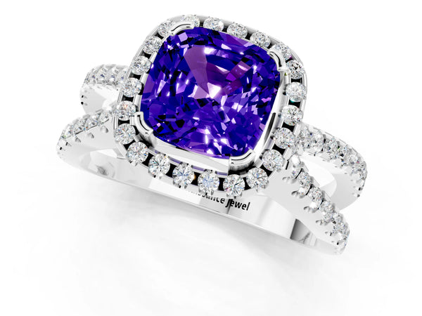 Silver Cushion Cut Tanzanite Halo Ring with Split Shank Pavé Band and Prong Setting