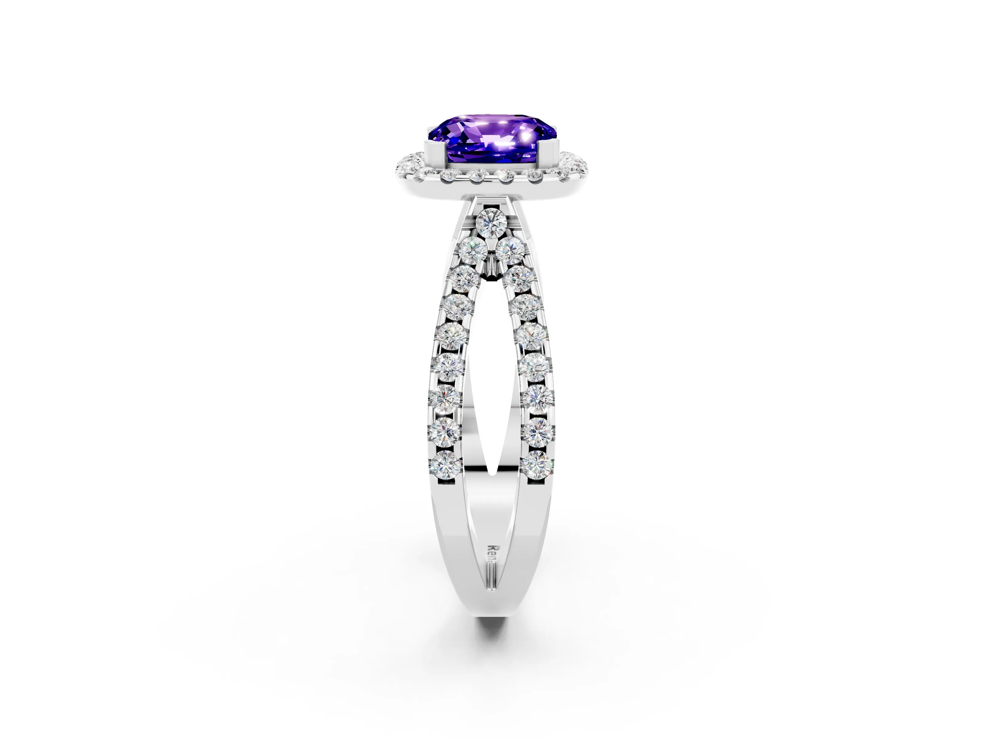 White gold Cushion Cut Tanzanite Halo Ring with Split Shank Pavé Band and Prong Setting_2
