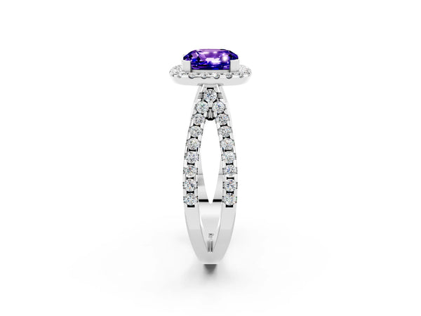 Silver Cushion Cut Tanzanite Halo Ring with Split Shank Pavé Band and Prong Setting