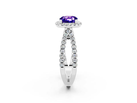 White gold Cushion Cut Tanzanite Halo Ring with Split Shank Pavé Band and Prong Setting_2