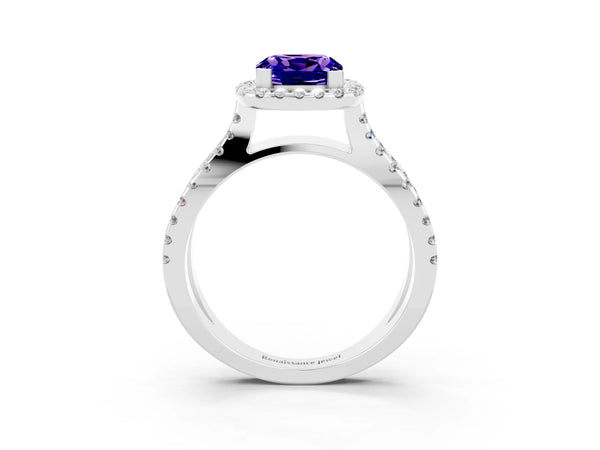 Platinum Cushion Cut Tanzanite Halo Ring with Split Shank Pavé Band and Prong Setting