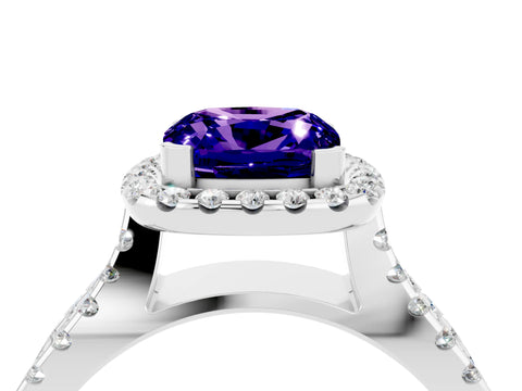 White gold Cushion Cut Tanzanite Halo Ring with Split Shank Pavé Band and Prong Setting_4
