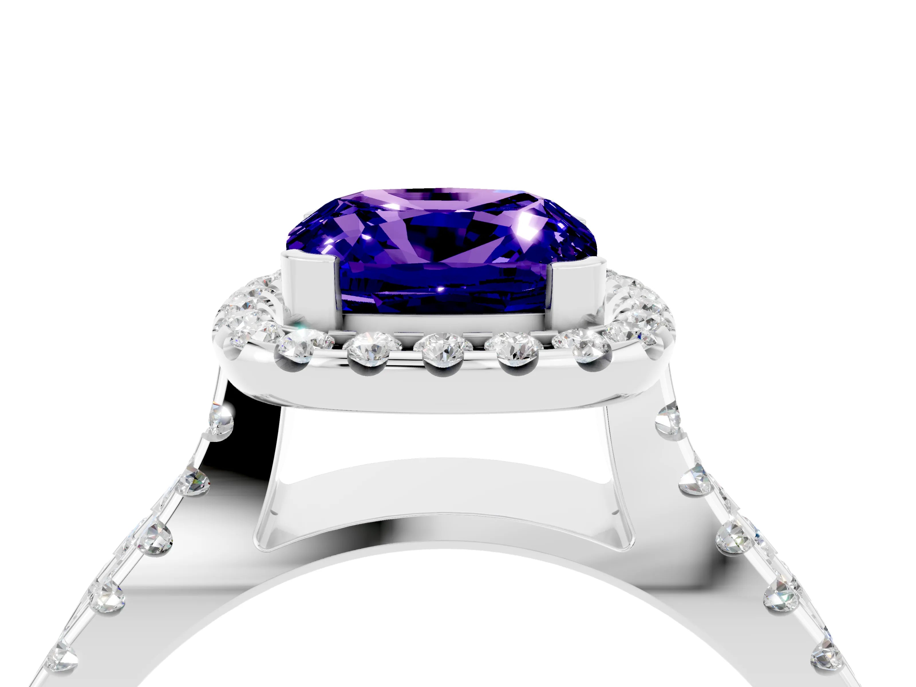 White gold Cushion Cut Tanzanite Halo Ring with Split Shank Pavé Band and Prong Setting_4