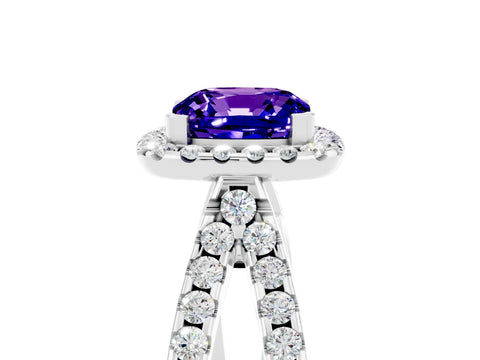 White gold Cushion Cut Tanzanite Halo Ring with Split Shank Pavé Band and Prong Setting_5