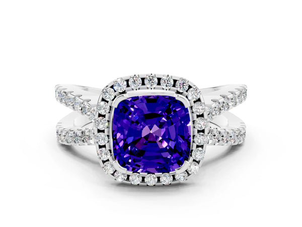 Silver Cushion Cut Tanzanite Halo Ring with Split Shank Pavé Band and Prong Setting