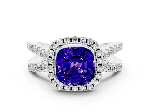 White gold Cushion Cut Tanzanite Halo Ring with Split Shank Pavé Band and Prong Setting