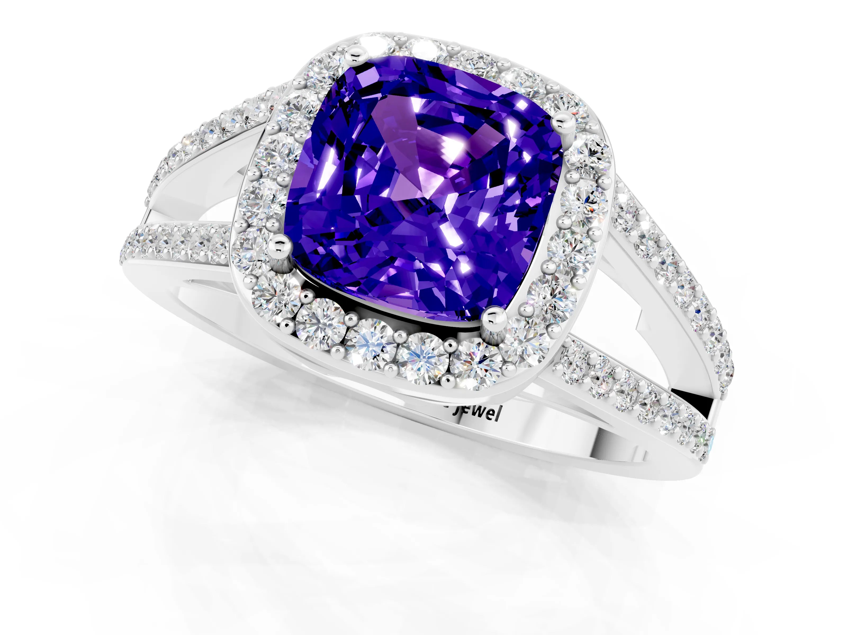White gold Cushion Cut Tanzanite Halo Ring with Split Shank U-Prong Band and Four-Prong Setting_1