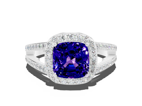 White gold Cushion Cut Tanzanite Halo Ring with Split Shank U-Prong Band and Four-Prong Setting
